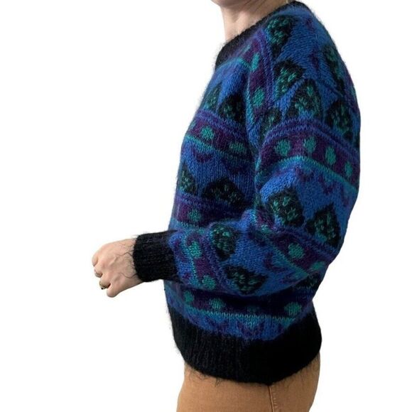Vintage 1980s Gallagher Blue Mohair Fluffy Geometric Retro Preppy Sweater Sz M - Picture 6 of 8